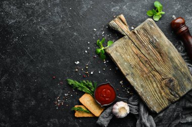 Siyah taş yemek pankartı. Gıda arkaplanı.