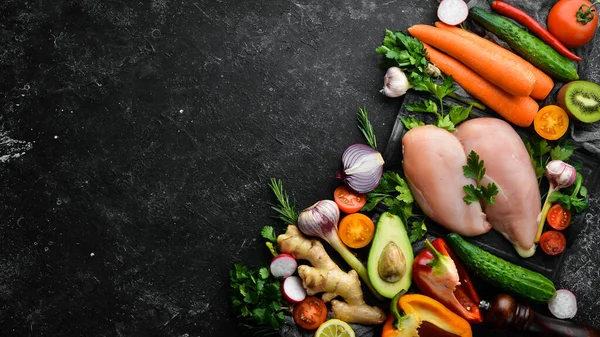 Fondo Alimentario Saludable Verduras Frescas Frutas Carne Pollo Espacio Libre — Foto de Stock