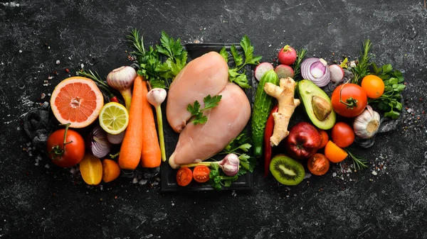 Zdrowe Pochodzenie Żywności Świeże Warzywa Owoce Mięso Kurczaka Wolne Miejsce — Zdjęcie stockowe