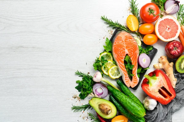 Zdravé Jídlo Rybí Maso Zelenina Ovoce Dietní Menu — Stock fotografie