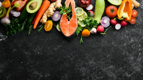 Menú Comida Saludable Carne Pescado Verduras Frutas Menú Dieta — Foto de Stock