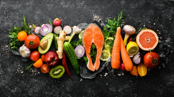 Υγιεινό Μενού Τροφίμων Κρέας Ψαριών Λαχανικά Και Φρούτα Μενού Διατροφής — Φωτογραφία Αρχείου