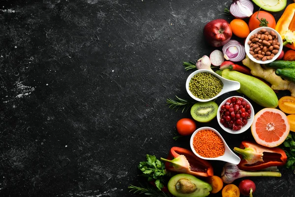 Alimentación Ecológica Verduras Frescas Frutas Frijoles Frutos Secos Menú Vegetariano —  Fotos de Stock