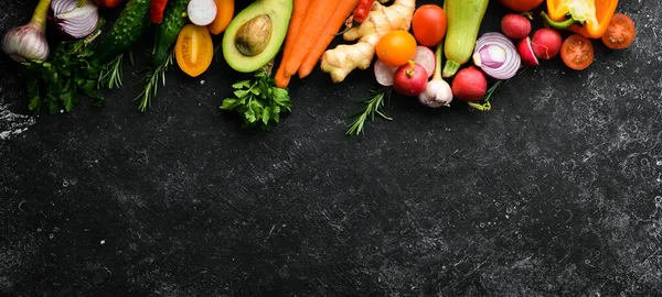 Antecedentes Alimentos Orgánicos Verduras Frescas Sobre Fondo Oscuro Espacio Libre —  Fotos de Stock