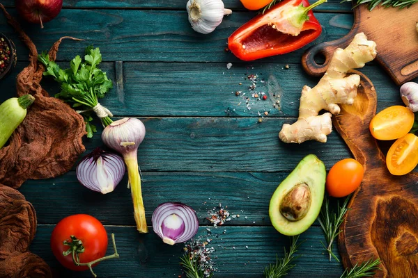 Organic Food Fresh Vegetables Fruits Dark Background — Stock Photo, Image