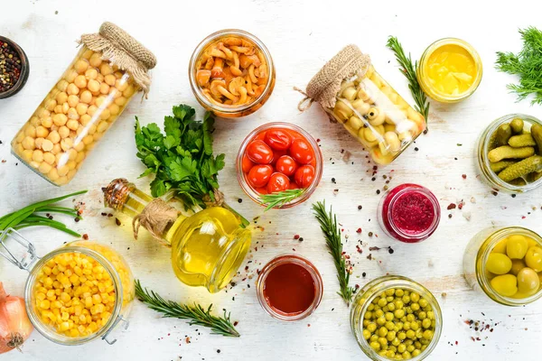 Background Food Stocks Glass Jars Légumes Champignons Marinés Vue Haut — Photo