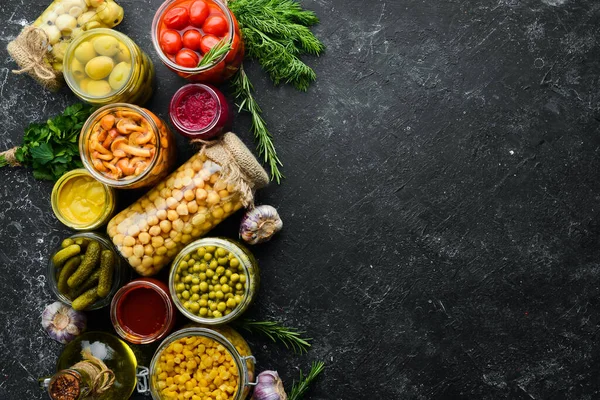 Food Stocks Glass Jars Pickled Vegetables Black Background Top View — Stock Photo, Image