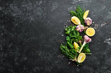 Mutfak geçmişi. Maydanoz, sarımsak ve limon. Üst Manzara. Metnin için boş yer.