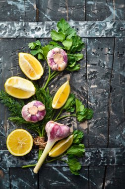 Mutfak geçmişi. Maydanoz, sarımsak ve limon. Üst Manzara. Metnin için boş yer.