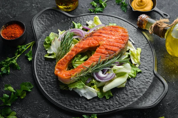 Juicy Baked Salmon Steak Rosemary Spices Top View Barbecue — Stock Photo, Image