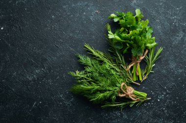 Taze yeşil biberiye, maydanoz ve dereotu masaya. Üst görünüm.