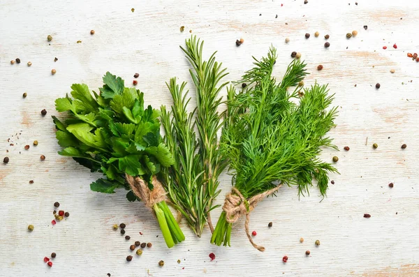 Fresh Green Rosemary Parsley Dill Table Top View — Stock Photo, Image