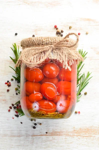 Tomates Cherry Escabeche Frasco Vidrio Existencias Alimentos Vista Superior —  Fotos de Stock