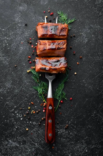 Costolette Maiale Forno Una Forchetta Menù Barbecue Vista Dall Alto — Foto Stock