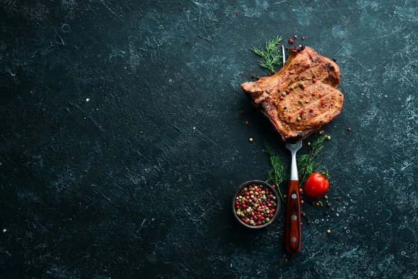 Steak Mit Knochen Auf Einer Gabel Grillmenü Ansicht Von Oben — Stockfoto