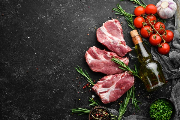 Fresh meat beef sliced and pork chops herb spices rosemary on wooden cutting  board background - Raw beef steak 4951330 Stock Photo at Vecteezy