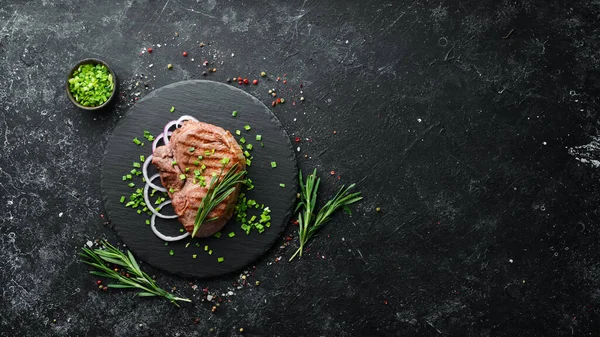 Juicy Roasted Veal Steak Rosemary Spices Top View Free Space — Stock Photo, Image