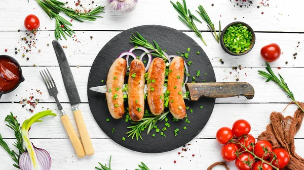 Grillwürste Mit Rosmarin Und Gewürzen Ansicht Von Oben Freier Platz — Stockfoto