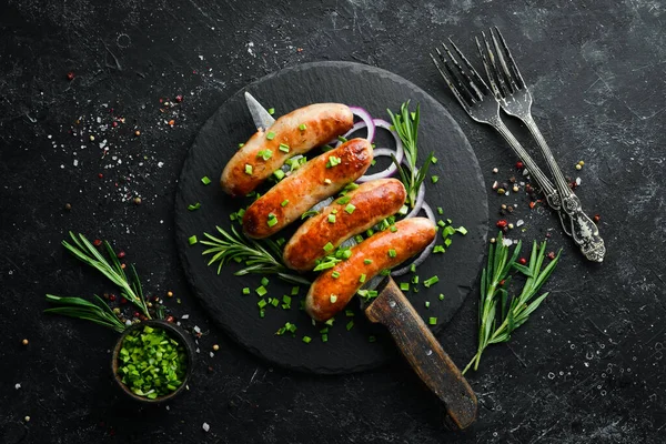 Salsicce Alla Griglia Con Rosmarino Spezie Vista Dall Alto Spazio — Foto Stock