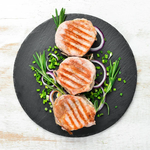 Roasted Bbq Pork Medallions Rosemary Spices Top View Free Space — Stock Photo, Image