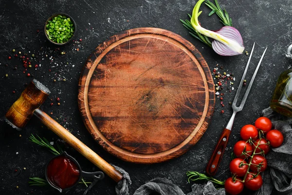 Fondo Negro Para Cocinar Romero Especias Una Mesa Piedra Negra — Foto de Stock