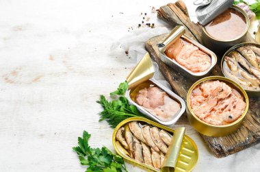 Teneke kutudaki balık konservesi: somon, ton balığı, uskumru ve balık. Üst Manzara. Metnin için boş yer.