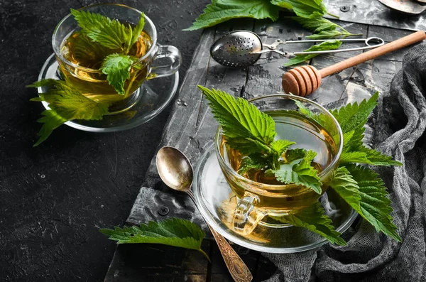 Nettle Tea Cups Immunostimulating Herbal Drinks Top View Free Space — Stock Photo, Image