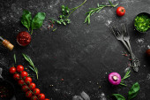 Картина, постер, плакат, фотообои "food background. vegetables, spices and kitchen utensils on the old table. free copy space.", артикул 377219166
