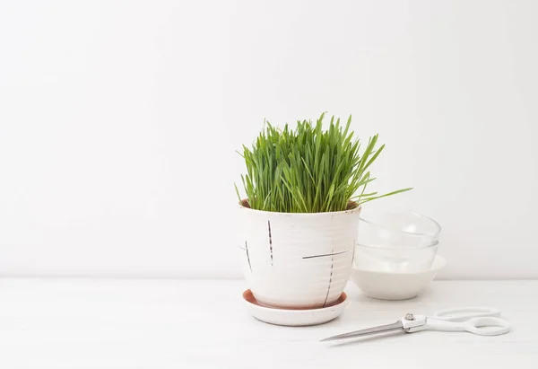Jus rumput gandum di atas meja dan lemon — Stok Foto