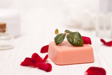 gül yaprakları ile beyaz bir woo ellerine gelen tuz, gül suyu