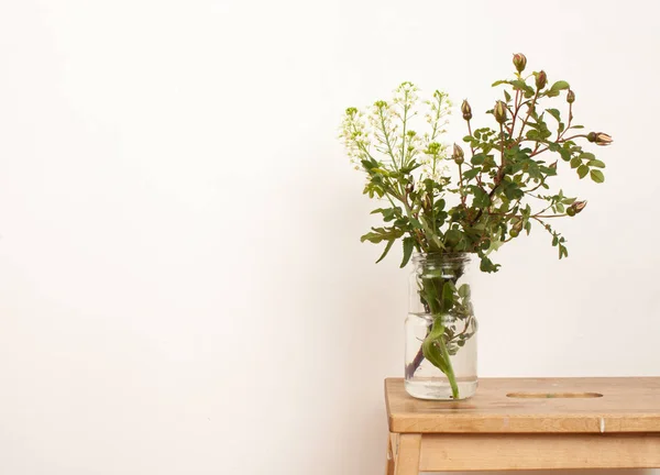 Plants from the garden in glass jar on white — Stock Photo, Image