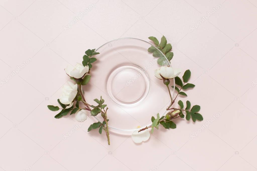 Sprigs of a tea light rose on a pink background