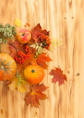 Kabak, sonbahar yaprakları, üvez meyveleri ahşap bir masa üzerinde