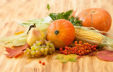 Sonbahar gıdalar, hasat ahşap bir masa üzerinde. Arka plan.