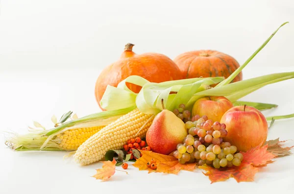 Pumpkins,apples, corn, pear, grapes with autumn leaves — Stock Photo, Image