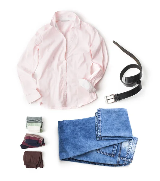 Shirt, jeans, and accessories on a white — Stock Photo, Image