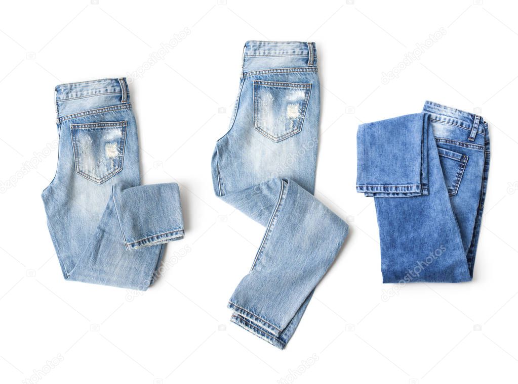 The set of three jeans on white background