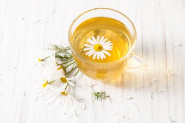 Papatya beyaz bir çay Kupası ile bitkisel çay