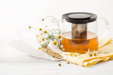 Suyu beyaz bir tablo Daisy çiçekli çaydanlık