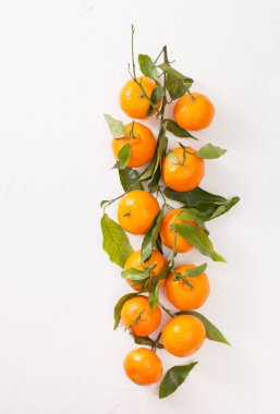 Beyaz zemin üzerine yeşil yaprakları ile taze mandalina