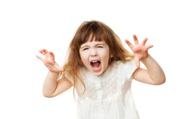 Girl 4-5 years old scares and screams on white background clipart