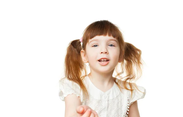 4-5 year old girl taking a deep breath on white background Stock