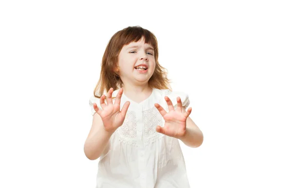 4-5 jaar oud meisje weigert walging op witte achtergrond — Stockfoto