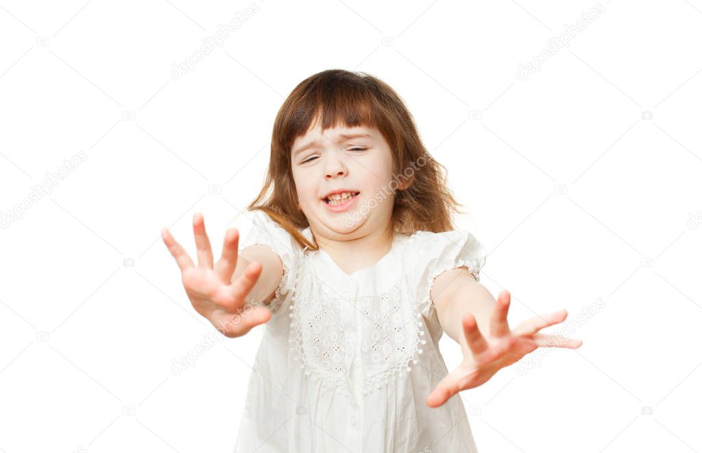 Girl 4-5 years old refuses disgust on white background