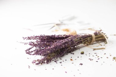 Lavanta bitki beyaz masa üzerinde kurutulmuş