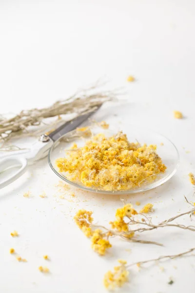 La hierba seca Helichrysum sobre una mesa blanca — Foto de Stock