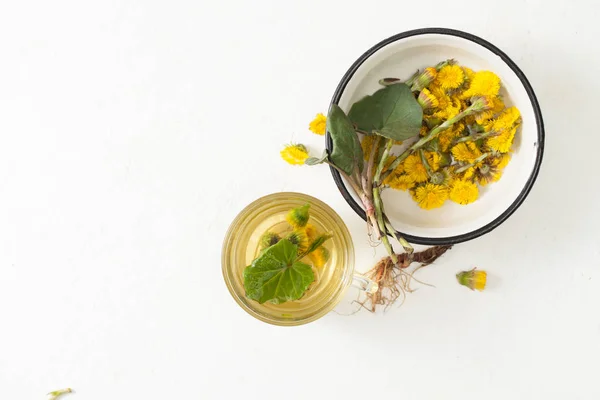 Copa con infusión de pie de potro y flores con hojas sobre mesa blanca . —  Fotos de Stock