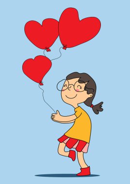 Kırmızı kalpli balonlu gözlüklü komik kız. Vektör illüstrasyonu