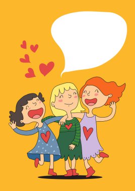 Üç kız arkadaşın birbirine kenetlenmiş aşk şarkıları söylemesi komik. Vektör illüstrasyonu