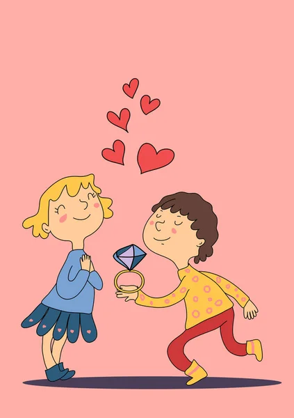 Komik çizgi film çocuğu bir kıza büyük pırlantalı, vektör resimli bir yüzük verir.